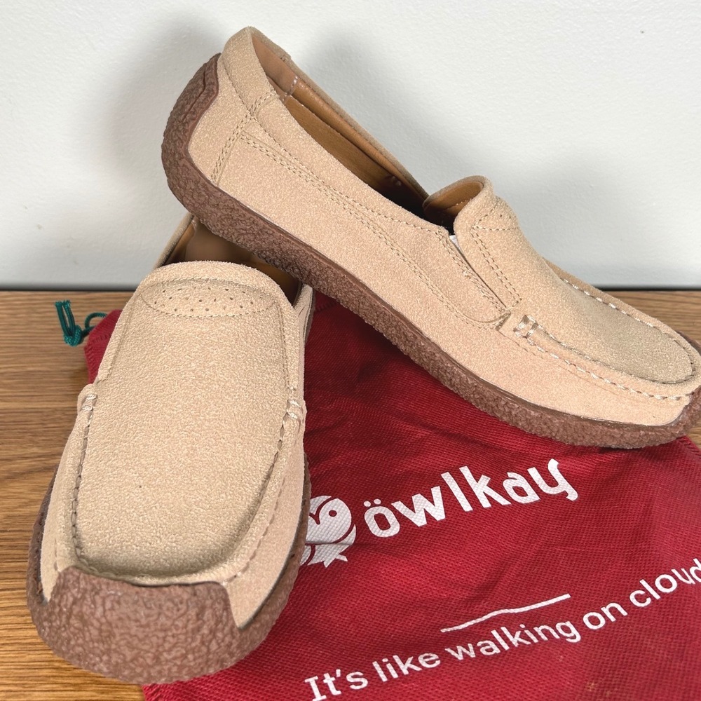 Owlkay Womens Tan Suede Slip On Loafers Textured Sole Driving Shoes Boho Size 41